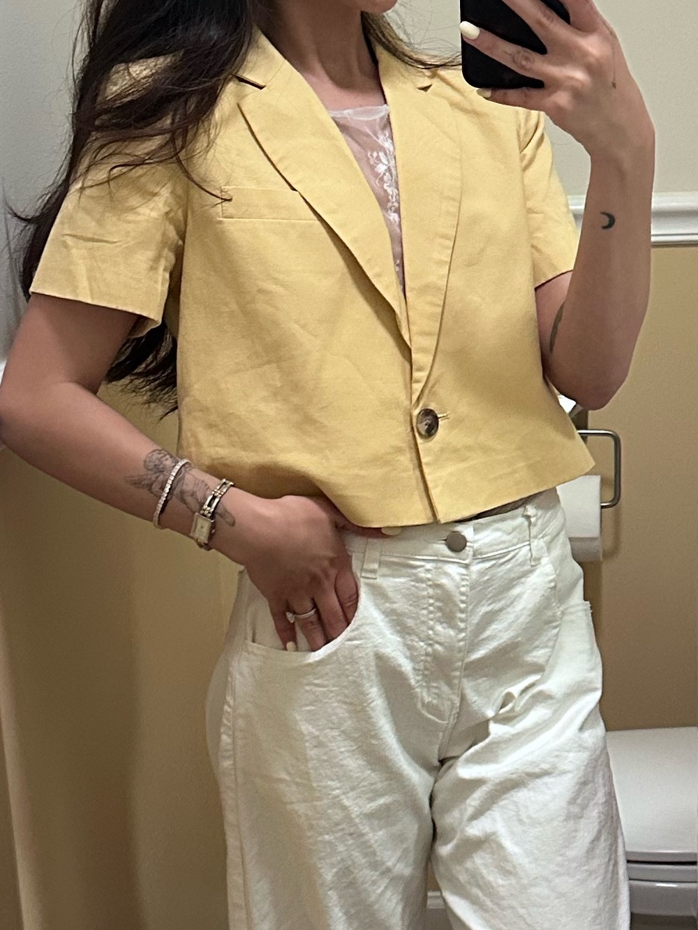 Cropped Yellow Blazer with Cream Wide-Leg Pants